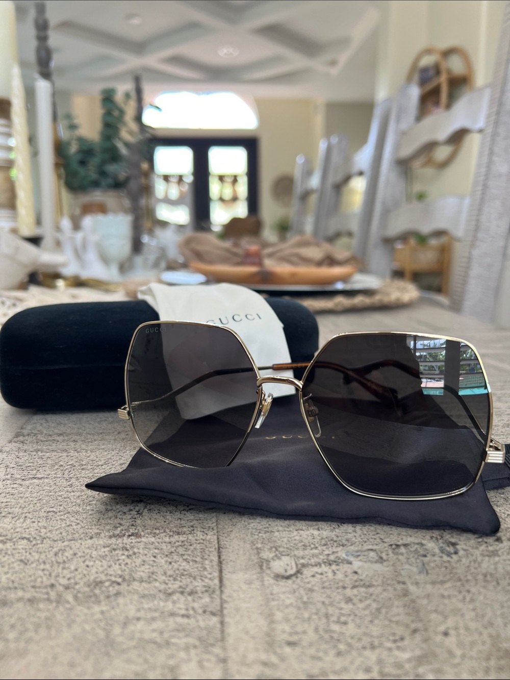 Gucci Gold Frame Black Lens Geometric Oversized Sunglasses